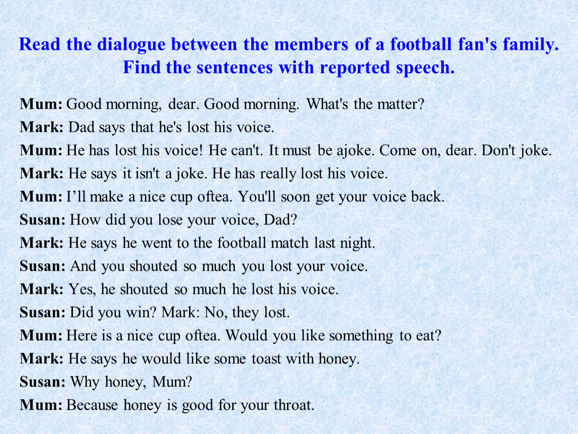 Tell dialogue. Reported Speech. Reported Speech диалог. Speech exercises пример. Dialogue in reported Speech.